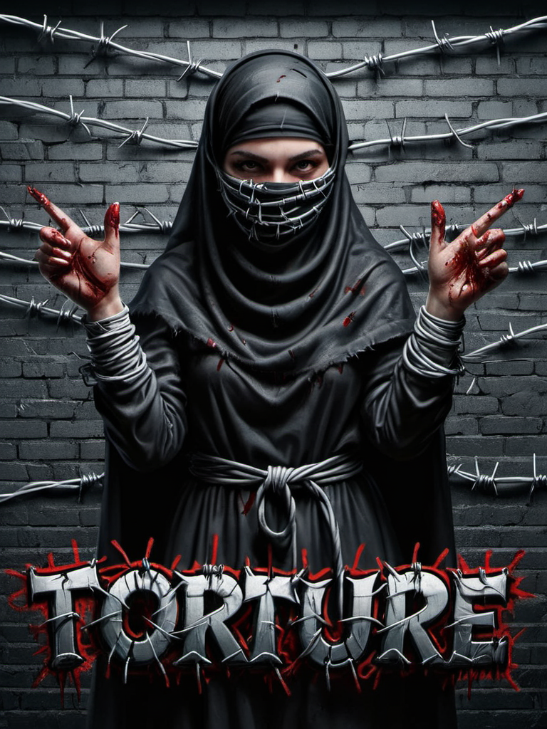 "TORTURE" text logo <lora:Harrlogos_v2.0:0.69> ral-barbwire graffiti thick black outlines, calygraphic wildstyle ral-oilspill bombing, thick lines <lora:ral-barbwire-sdxl:0.65> a young girl in a burka hands tied with ral-barbwire, bloody black brick wall background, dark light background, horror scenario