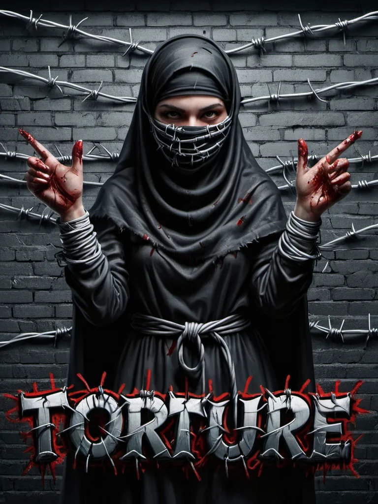 "TORTURE" text logo <lora:Harrlogos_v2.0:0.69> ral-barbwire graffiti thick black outlines, calygraphic wildstyle ral-oilspill bombing, thick lines <lora:ral-barbwire-sdxl:0.65> a young girl in a burka hands tied with ral-barbwire, bloody black brick wall background, dark light background, horror scenario