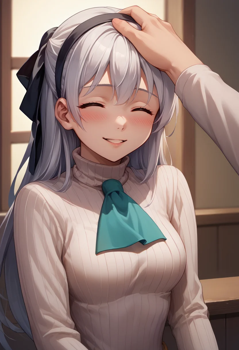 score_9, score_8_up, score_7_up, source_anime, 1girl, headpat, pov hands, <lora:Headpat_XLPD:1>, upper body, indoors, <lora:elie-pdxl-nvwls-v1:1> zeroElie, black hairband, hair ribbon, long hair, ascot, turtleneck sweater, ribbed sweater, sweater dress, parted lips, bright smile, closed eyes, blush,