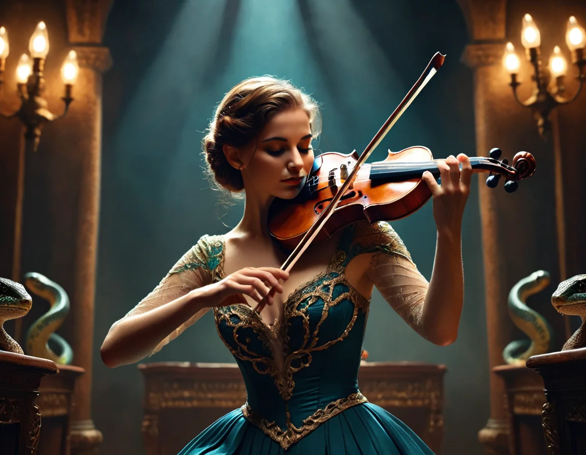 cinematic still musicianlora, snake playing violin . emotional, harmonious, vignette, 4k epic detailed, shot on kodak, 35mm photo, sharp focus, high budget, cinemascope, moody, epic, gorgeous, film grain, grainy, musicianlora, snake playing violin, intricate, elegant, highly detailed, dramatic light, sharp focus, incredible fine detail, cinematic, extremely aesthetic, colorful, surreal, beautiful dynamic, glowing, symmetry, inspired, rich deep colors, amazing delicate, elite, perfect, complex, coherent, awesome, creative, pure, best, full, lovely, marvelous, fabulous