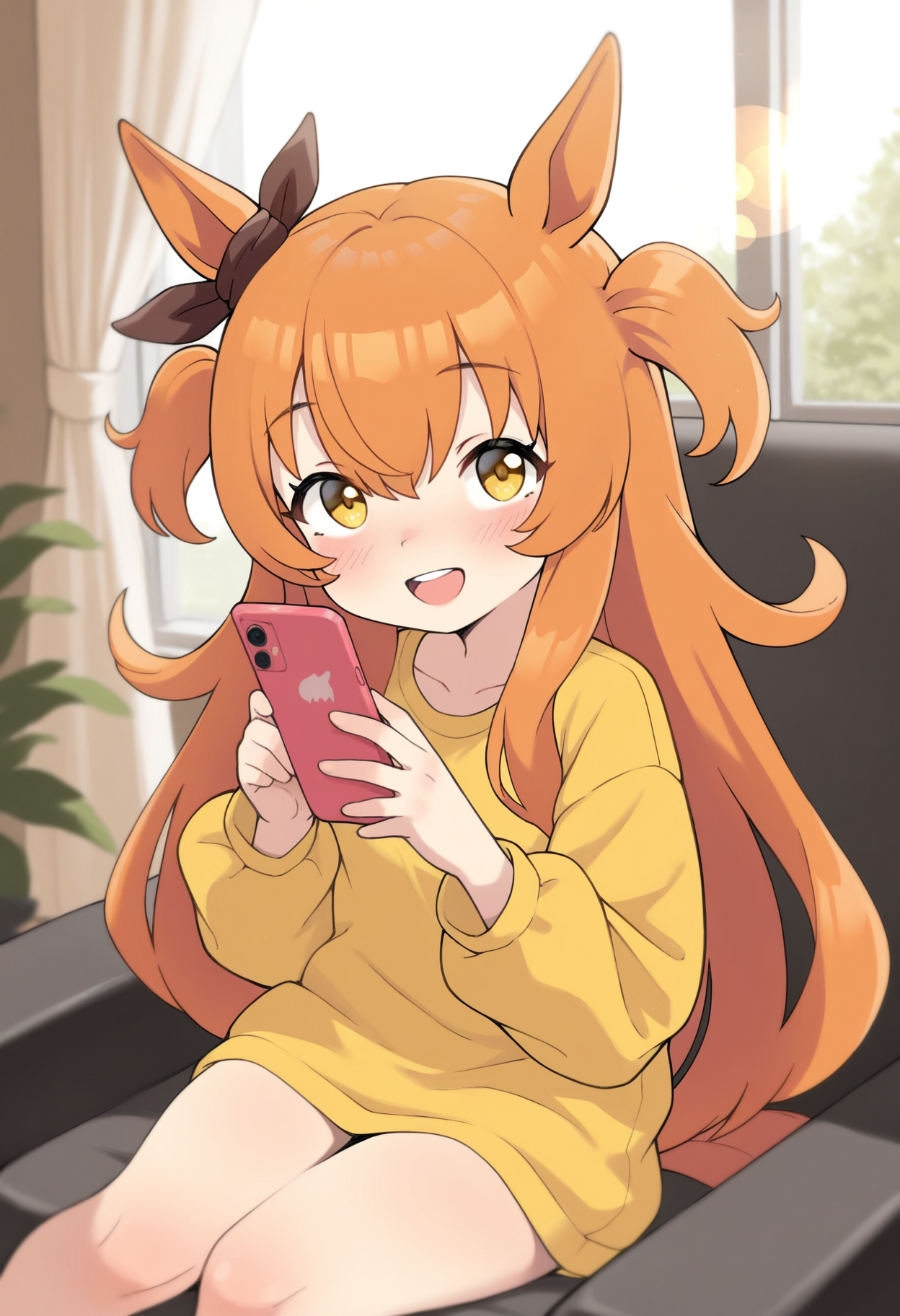 masterpiece,best quality,amazing quality,
1girl, solo, phone, animal ears, horse ears, cellphone, long hair, smile, holding, window, long sleeves, open mouth, holding phone, blush, mayano top gun (umamusume), looking at viewer, curtains, :d, smartphone, two side up, orange hair, indoors, horse girl, upper teeth only, bangs, hair between eyes, sitting, day, ear ribbon, lens flare, teeth, yellow shirt, yellow eyes, puffy sleeves, ribbon, shirt, black ribbon,
 <lora:Qtkat:1>