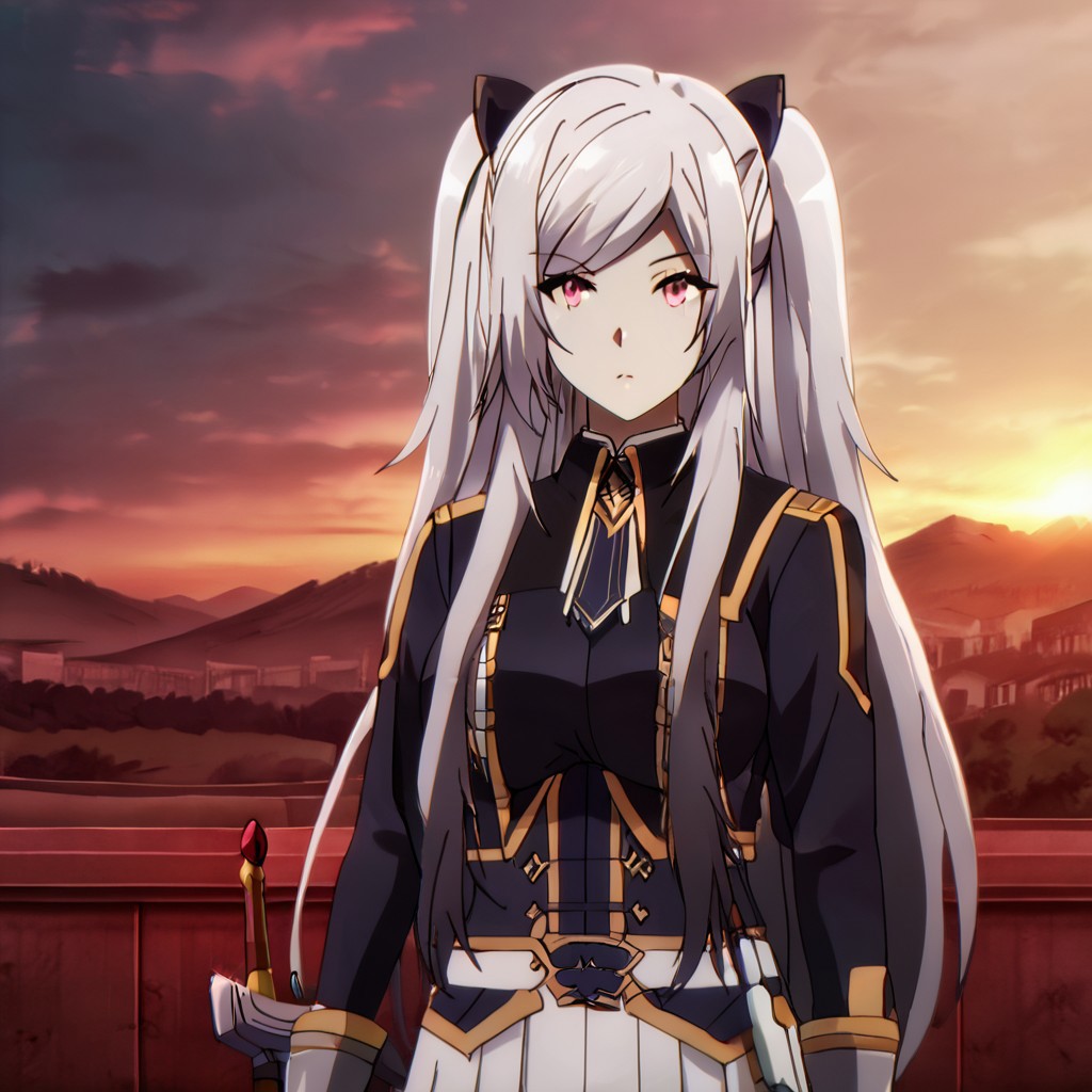 Black hair ribbon, gray hair, long hair, twintails, red eyes, large breasts, two side up, single hair bun, ponytail, wearing a shiny silver knight's armor with intricate engravings, holding a sword, standing on a battlefield at sunset, dark clouds in the sky, dramatic and intense atmosphere