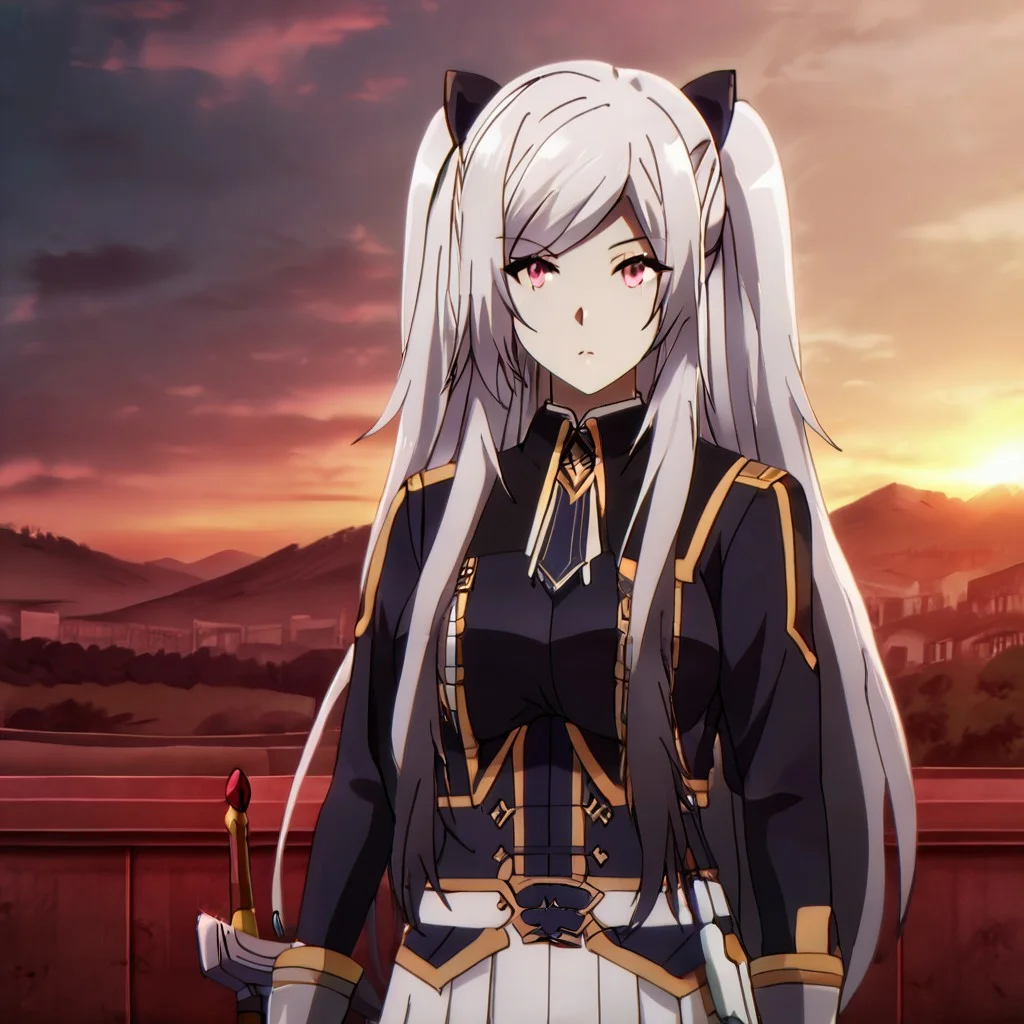 Black hair ribbon, gray hair, long hair, twintails, red eyes, large breasts, two side up, single hair bun, ponytail, wearing a shiny silver knight's armor with intricate engravings, holding a sword, standing on a battlefield at sunset, dark clouds in the sky, dramatic and intense atmosphere