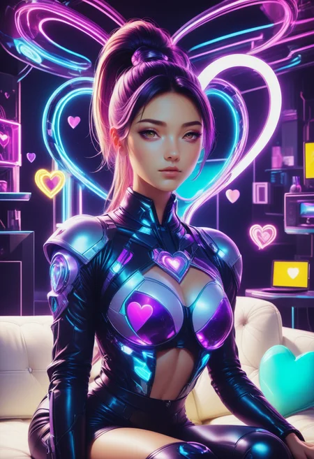 (((masterpiece))) , (((best quality))) , anime style, inked, 2d, 8k. 1 woman, high ponytail, leaning on a neon purple couch with neon yellow pillows, the pillows are formed as a heart, SeijSDXL <lora:SeijSDXL-000006:0.9>, close up, portrait, looking at viewer, futuristic interior <lora:FuturisticInteriorStyle:0.8> <lora:SDXLFaeTastic2400:0.9>