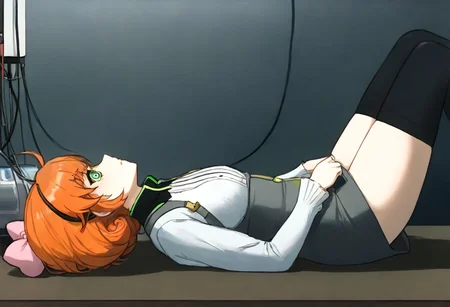 Penny being brainwashed by a machine,
score_9, source anime, lewd, 1girl, solo,
mind control, hypnotized, brainwashing machine, mind control machine, (wires attached to forehead, metal forehead band), scifi sweatband, cables attached to headband, wires,
laying on table, side view, (laying flat on back), upper body focus, (on back),
Penny Polendina, short hair, gorget, grey dress, short dress, pencil skirt, neon trim, gold trim, white blouse, long sleeves, black thighhighs, pink bow,
