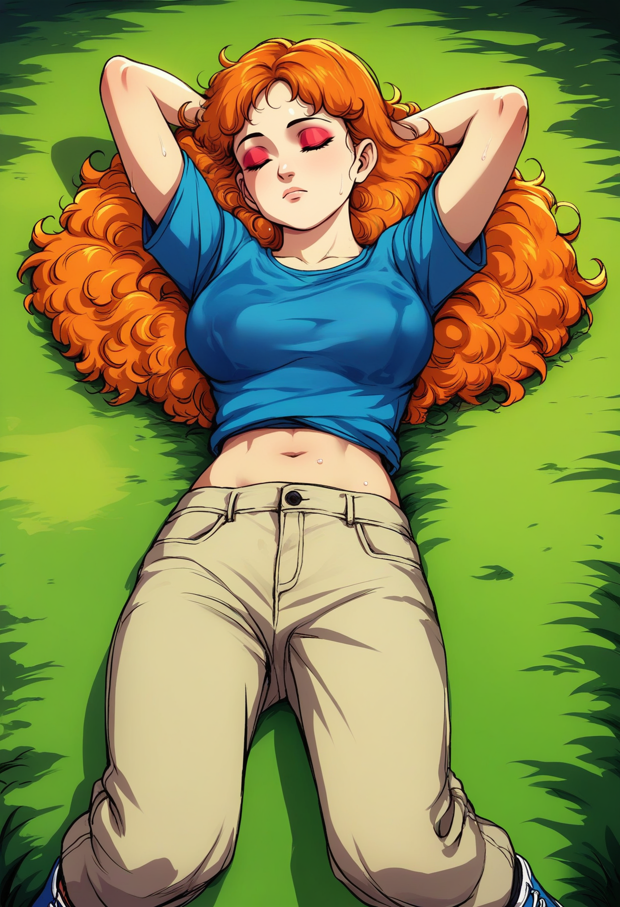score_9, score_8_up, score_7_up, score_6_up, source_anime, <lora:DBExtraGirl02Pa:0.9>, DBExtraGirl02Pa, blue eyes, long hair, orange hair, curly hair, red eyeshadow, large breasts,
blue undershirt, beige pants, blue boots, short sleeves,
lying, on grass, sleeping, closed eyes, midriff peek, wet blue shirt, arms behind head, 
BREAK sunset, dusk, wind,