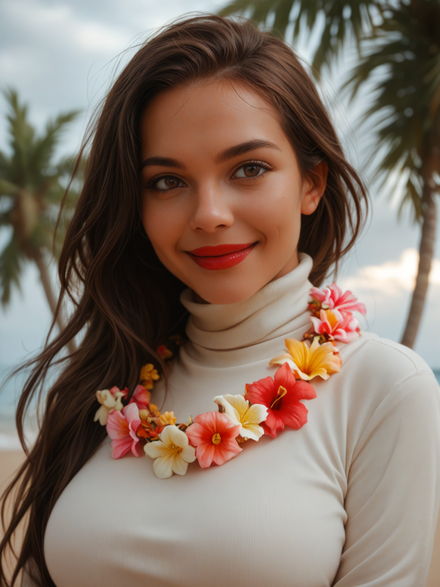 score_9, score_8_up, score_7_up, score_6_up, 1girl, dark brown hair, long hair, dark brown eyes, red lips, smile, flower necklace, large breasts, turtleneck, <lora:flower_necklace_mabusius_pony_v1.0:0.75>, beach, palm trees, sky, clouds