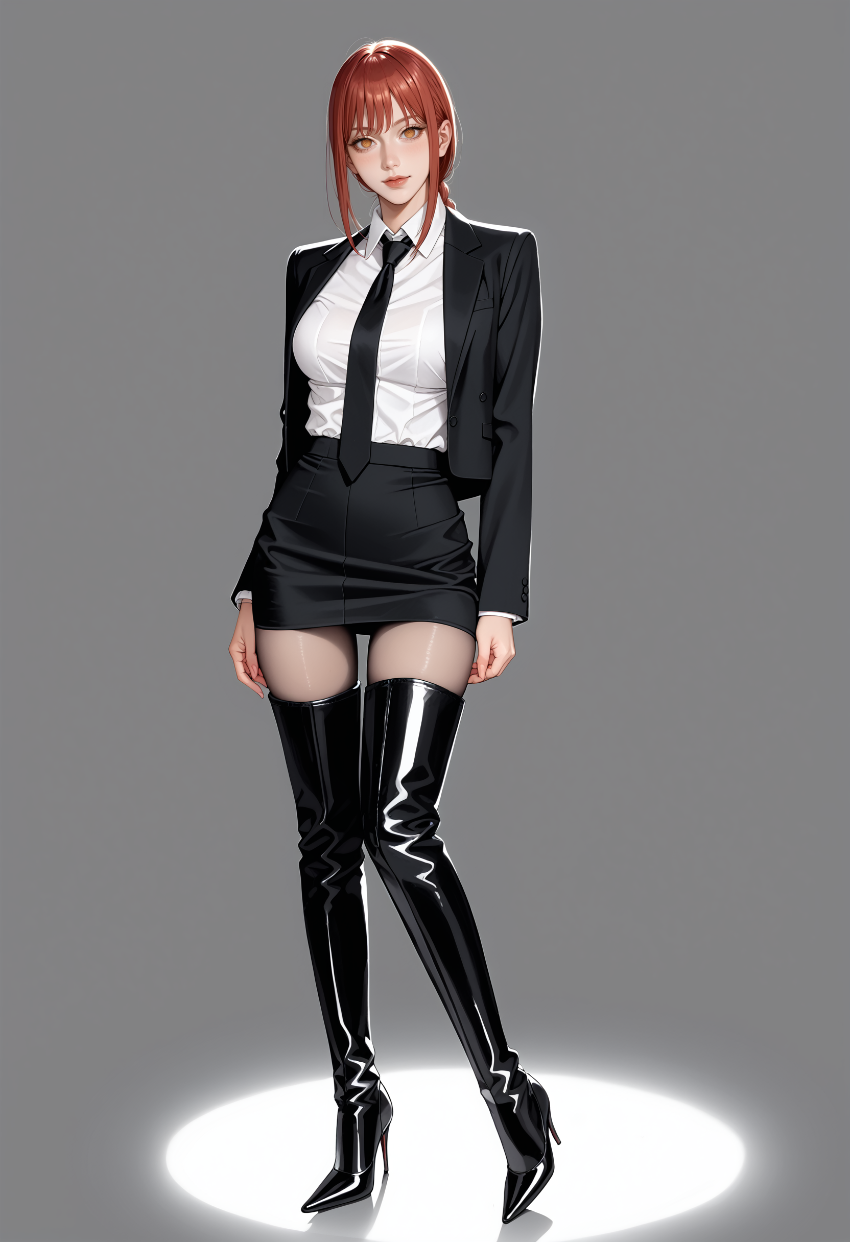 score_9,score_8_up,score_7_up,1girl,solo,makima \(chainsaw man\),white collared shirt,necktie,black pencil skirt,pantyhose,pantyhose under boots,looking at viewer,<lora:IzayoiLycoXL:0.8>,<lora:OBLK-000001:0.85:lbw=CLOTHE>,oblk,(thigh boots:1.2),stiletto heels,high heel boots,black footwear,shiny footwear,pointy footwear,
BREAK
nightclub,dark atmosphere,mysterious,seductive,glamorous,soft lighting,high contrast,intricate design,sharp focus,minimalistic background,
