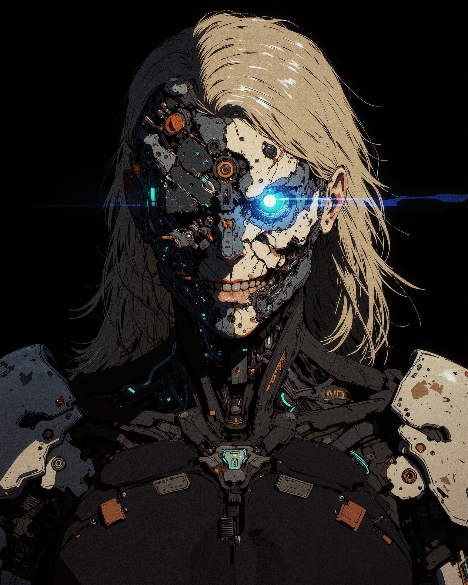 a heavily augmented, aged female figure with a sinister, knowing grin. Much of her face is replaced by dark, complex cybernetics, with one eye replaced by a large, intensely glowing blue optic lens. Wires and mechanical joints are visible integrating into her skull and jaw. She wears worn, functional armor pieces over dark clothing. The lighting is stark and shadowy, emphasizing the unsettling blend of aged flesh and cold machinery. Focus on dark cyberpunk augmentation, menacing matriarchal intelligence, and gritty bio-mechanical integration.