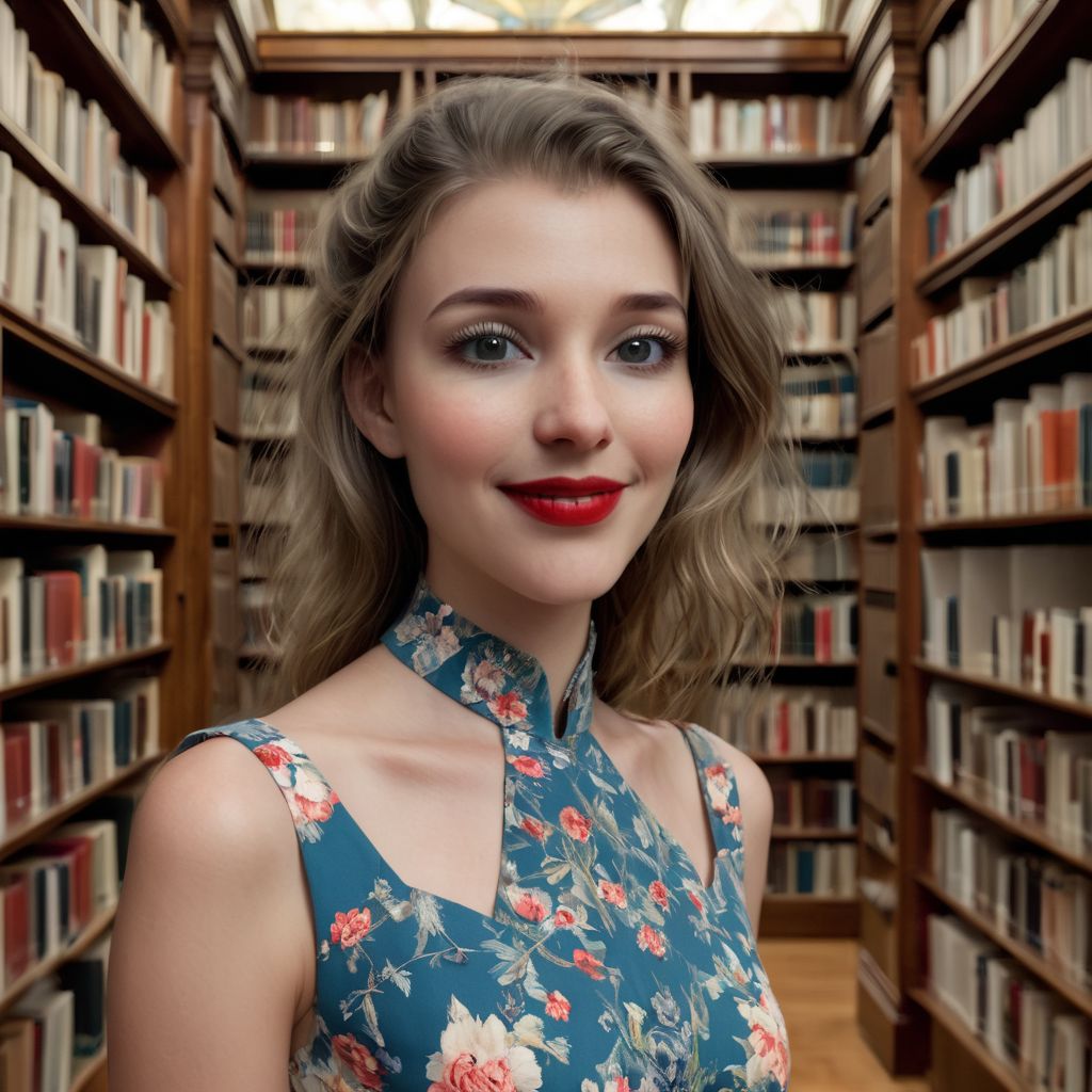 1girl, solo, standing in a library, wearing a colorfull summer dress, looking at the viewer, smiling, red lipstick, intricated details on background, very detailled bookshelf, The entire scene is captured in high resolution, allowing one to discern each detail with precision. Every reflection, every shadow is rendered with exceptional clarity,