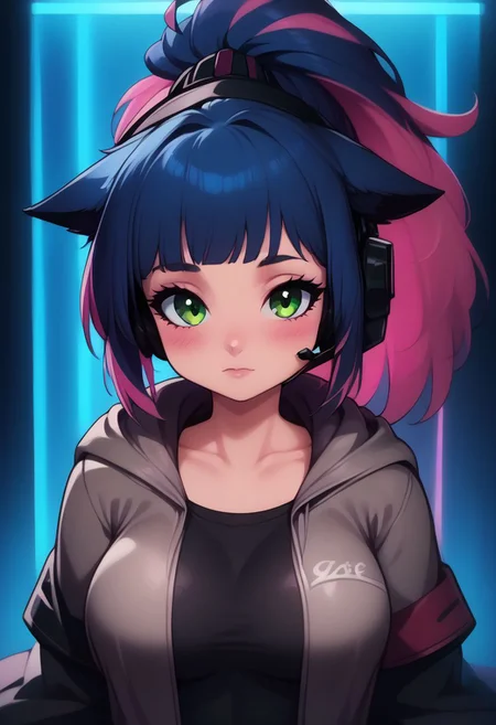score_9, score_8_up, score_8, medium breasts, (curvy),((1girl)), cute, eyelashes, neon lights, looking at viewer,
patJessica, cat ears, ponytail, green eyes, multicolored hair, cat girl, blue hair, black hair, cat tail, long hair,
upper body, looking at viewer, open jacket, black shirt, long sleeves, black gloves, headset, grey jacket, blush, hood, collarbone, closed mouth, pink hair,
zPDXL,