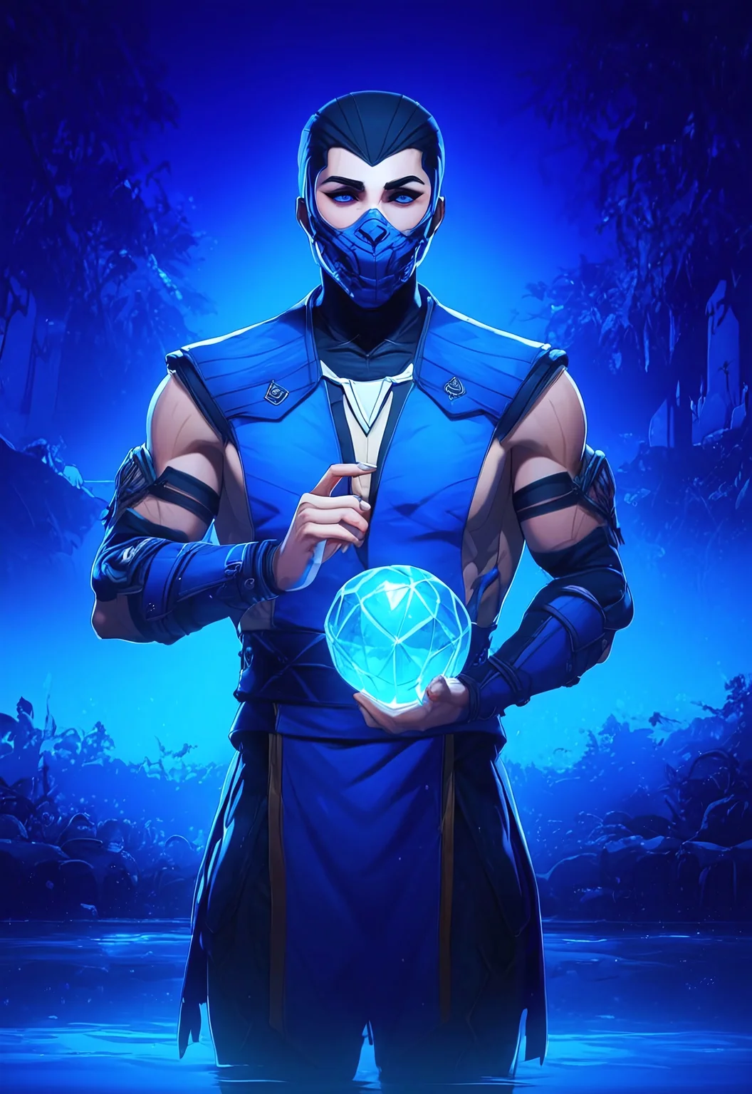 ((cowboy shot viscore_9, score_8_up, score_7_up, BREAK source_anime, source_cartoon, Sub-Zero, ninja 1boy with a mask, blue eyes, casting an ice spell, standing a a chinese temple in ruins, volumetric lighting, volumetric shadows, blue armor, A moonlit lake, with fog rolling over the water and mysterious shapes beneath the surface, holding an ice ball,<lora:Scorpion1995-1024:0.8>