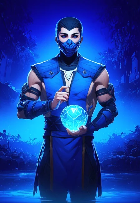 ((cowboy shot viscore_9, score_8_up, score_7_up, BREAK source_anime, source_cartoon, Sub-Zero, ninja 1boy with a mask, blue eyes, casting an ice spell, standing a a chinese temple in ruins, volumetric lighting, volumetric shadows, blue armor, A moonlit lake, with fog rolling over the water and mysterious shapes beneath the surface, holding an ice ball,<lora:Scorpion1995-1024:0.8>