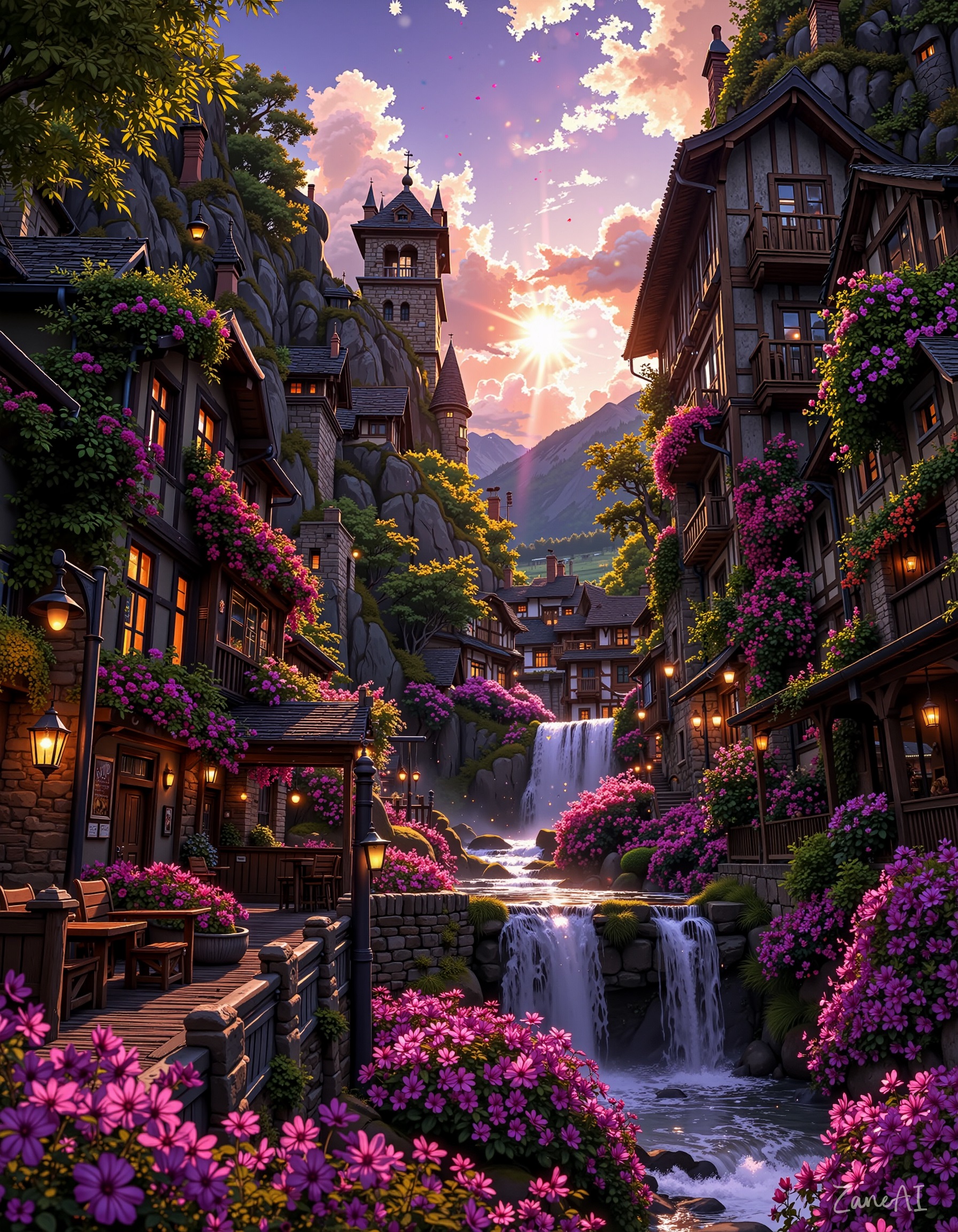 A cascading waterfall flows gracefully down the moss-covered stone walls of a medieval town built into a cliffside. Pink flower petals drift and spiral through the air like falling confetti, glowing softly in the golden light of a dreamy, enchanted afternoon. Stone towers, wooden balconies, and ivy-covered buildings rise dramatically above, their silhouettes framed against a glowing sky. Delicate vines bloom from cracks in the ancient masonry, blending the architecture with the living waterfall. 