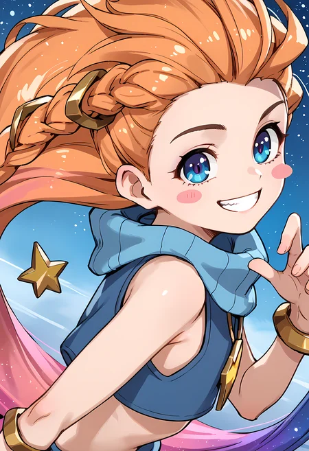 score_9, score_8_up, score_7_up, score_6_up, score_5_up, score_4_up,, cartoon character 1girl, solo, smile, long hair, orange hair, bracelet, jewelry, multicolored hair, braid, facing viewer, grin, blush stickers,zoe, <lora:zoe_pony:1>,background,crop top,no bra,,,small breast,pettie girl,slim belly,thin girl,oversized top,from side,oversized crop top,,from side,sleveles crop top,, , bent over, smile,
solo, dutch angle, ,in scace,stars,flying,looking at above,