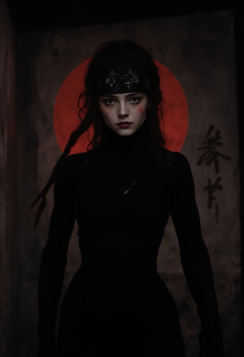 The image is a highly detailed, digital artwork featuring a female ninja in an intense, stylized close-up. The subject is a sleek, athletic woman with a pale complexion, her eyes wide in shock as she stares at something off-screen. She wears a tight, black ninja outfit, her face partially covered by a dark mask, leaving only her expressive eyes and brows visible. Her headband, adorned with subtle silver patterns, has its straps blowing in the wind, adding a sense of motion to the scene. Strands of her dark hair escape from under the headband, framing her face. The fabric of her attire clings to her figure, highlighting her agility and strength. In the foreground, she grips a short blade with both hands, but her stance suggests hesitation or disbelief. Behind her, a dim, shadowy background hints at an ancient dojo, with faded, cracked walls and faintly visible kanji characters illuminated by a soft red glow. The overall color palette is dominated by deep blacks, muted grays, and subtle red accents, giving the scene a mysterious and dramatic atmosphere.