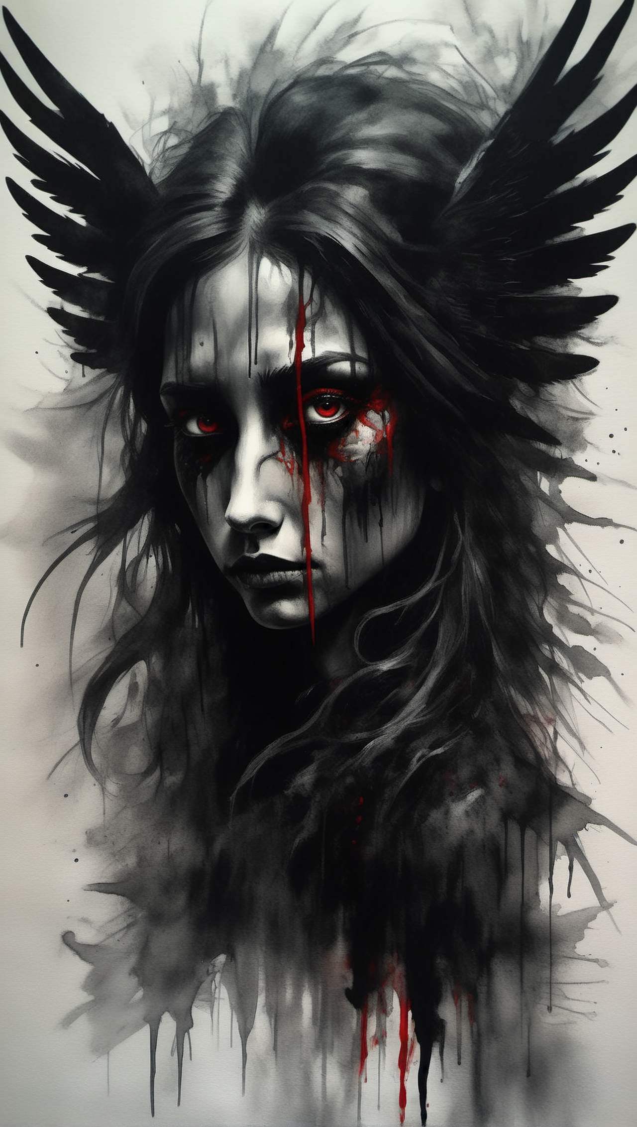depression, trauma, sadness, expressionism, black and white, girl, watercolor_\(artwork\), watercolor, monochrome, abstract_art, no_humans, scribbles, angel of death, side_view, despair, darkness, <lora:DonMn1ghtm4reXL:1> gloomynightmareai, chaos, running_makeup, mascara_tears, charcoal_\(artwork\),, High-quality, Hyper-maximalist, negative space, extremely intricate, prismatic colors, glimmering oils, vantablack, (Schrödinger's red), the rule of thirds