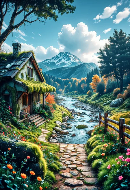 SmoothNoob_Quality, no humans, blue sky, building, bush, cloud, cloudy sky, day, field, flower, forest, garden, grass, hill, horizon, house, landscape, moss, mountain, mountainous horizon, nature, on grass, outdoors, overgrown, path, plant, river, road, rock, ruins, scenery, sky, tree, wooden fence, <lora:Smooth_Booster:0.5>βββ