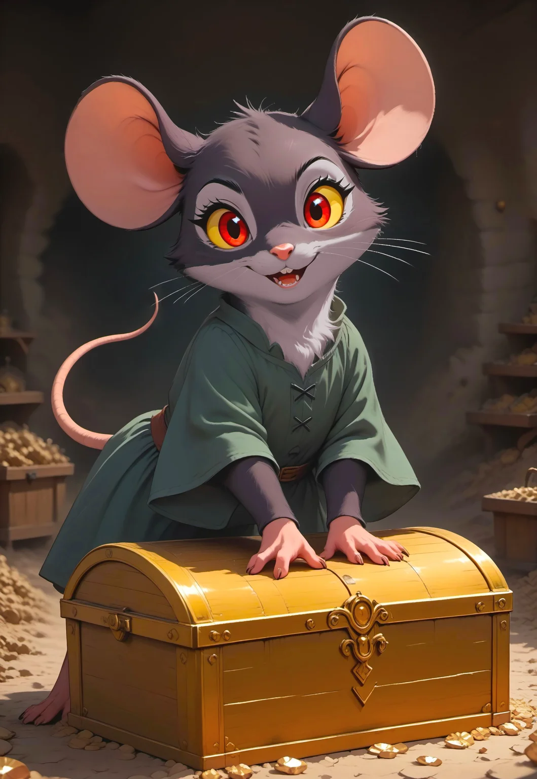 score_9, score_8_up, score_7_up, score_6_up, score_5_up, score_4_up, 

[][][][],

m0use_goldie, 

[][][][],

female, cute, feral, black fur, red eyes, (yellow sclera), (dark green tunic), (devious expression, evil expression:2), tail, 

[][][][],

indoors, (look at viewer),  (expressive, dynamic pose:2),  (leaning on treasure chest:2), (upper body shot, head focus)