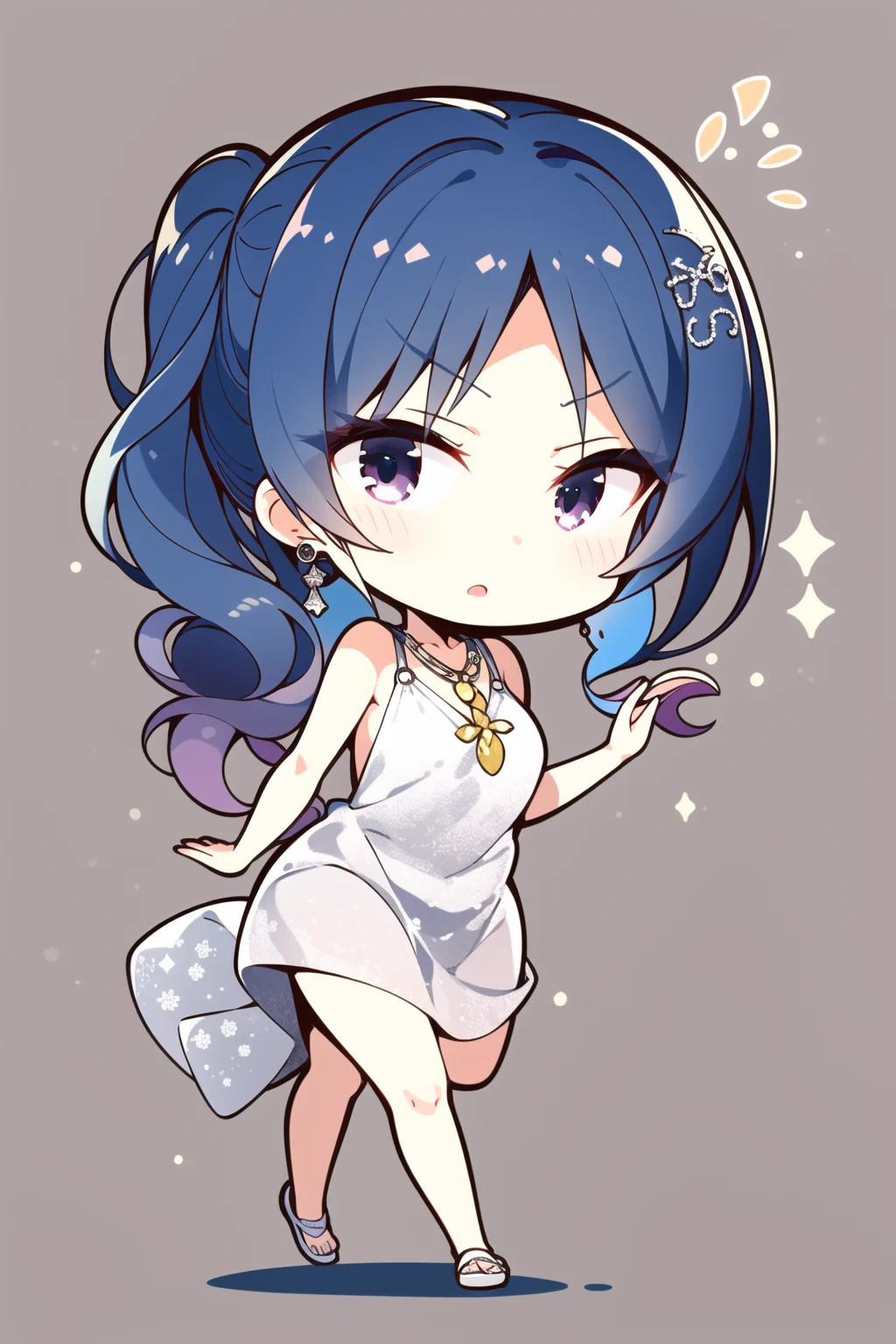 masterpiece, best quality, 1girl, <lora:yuzusoft-chibi:1>, solo, chibi, simple background, dynamic pose, st. louis \(luxurious wheels\) \(azur lane\), hair ornament, earrings, necklace, silver dress, revealing clothes, looking at viewer, solo, <lora:stLouisLuxuriousWheels_v1:1>