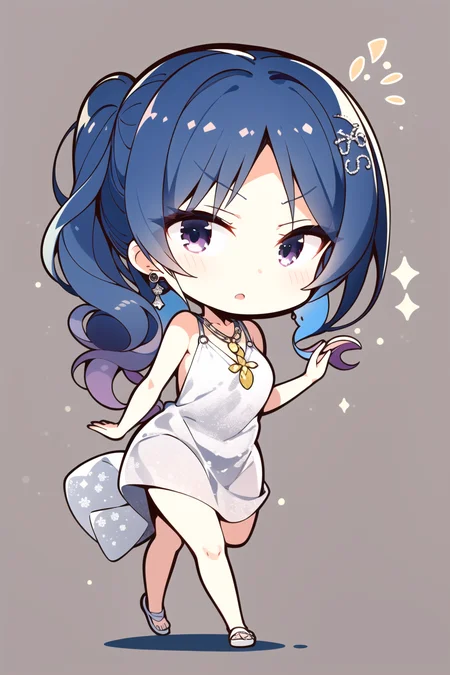 masterpiece, best quality, 1girl, <lora:yuzusoft-chibi:1>, solo, chibi, simple background, dynamic pose, st. louis \(luxurious wheels\) \(azur lane\), hair ornament, earrings, necklace, silver dress, revealing clothes, looking at viewer, solo, <lora:stLouisLuxuriousWheels_v1:1>
