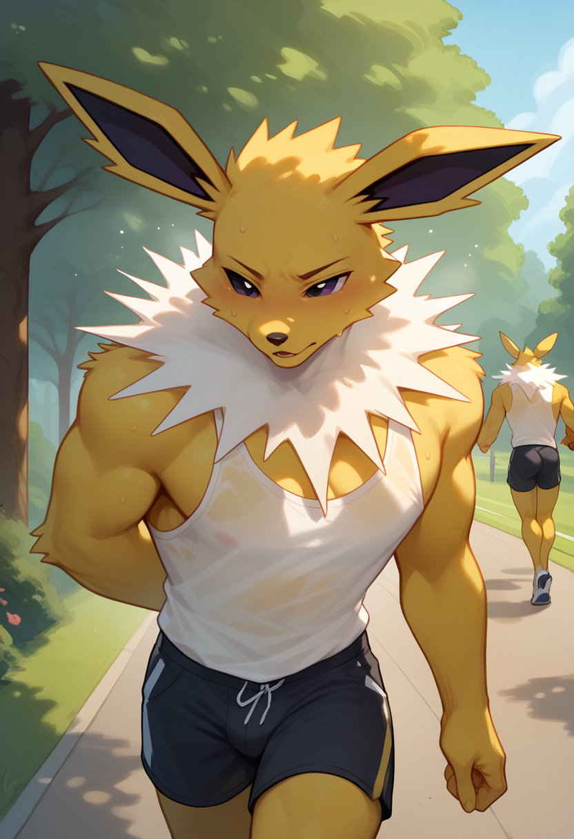 score_9, score_8_up, score_7_up,
((best quality)), absurdres,
<lora:JolteonPXL:1> JolteonPXL, muscular figure, anthro, male, 1boy, 
park, jogging, in motion,  tank top, short shorts, translucent topwear, sweat, outdoors, half body portrait,
<lora:Smooth Anime Style LoRA XL:0.7> Smooth, Anime, <lora:Expressive_H:1> Expressiveh,