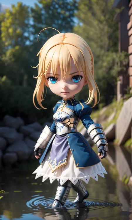 (masterpiece),(best quality),(ultra-detailed), (full body:1.2),1girl,chibi, artoria pendragon \(fate\), armor, dress, suit, walking through a river, (beautiful detailed face), (beautiful detailed eyes:1.12), (looking at viewer), <lora:blindbox_V1Mix:1>, <lora:ironcatlora1Artoria_v10:1>, reflection