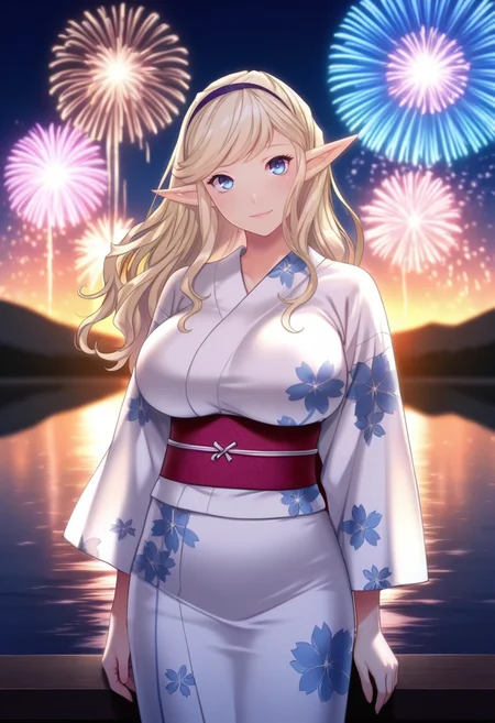 masterpiece, best quality, amazing quality,christia khluibarradio, blue eyes, blonde hair,pointy ears, long hair, hairband, 1girl, solo, breasts,large breasts,japanese clothes, yukata,white kimono,light smile, standing, looking at viewer, cowboy shot, outdoors, lake, aerial fireworks, night, blurry background <lora:christia khluibarradioV1:0.8>
