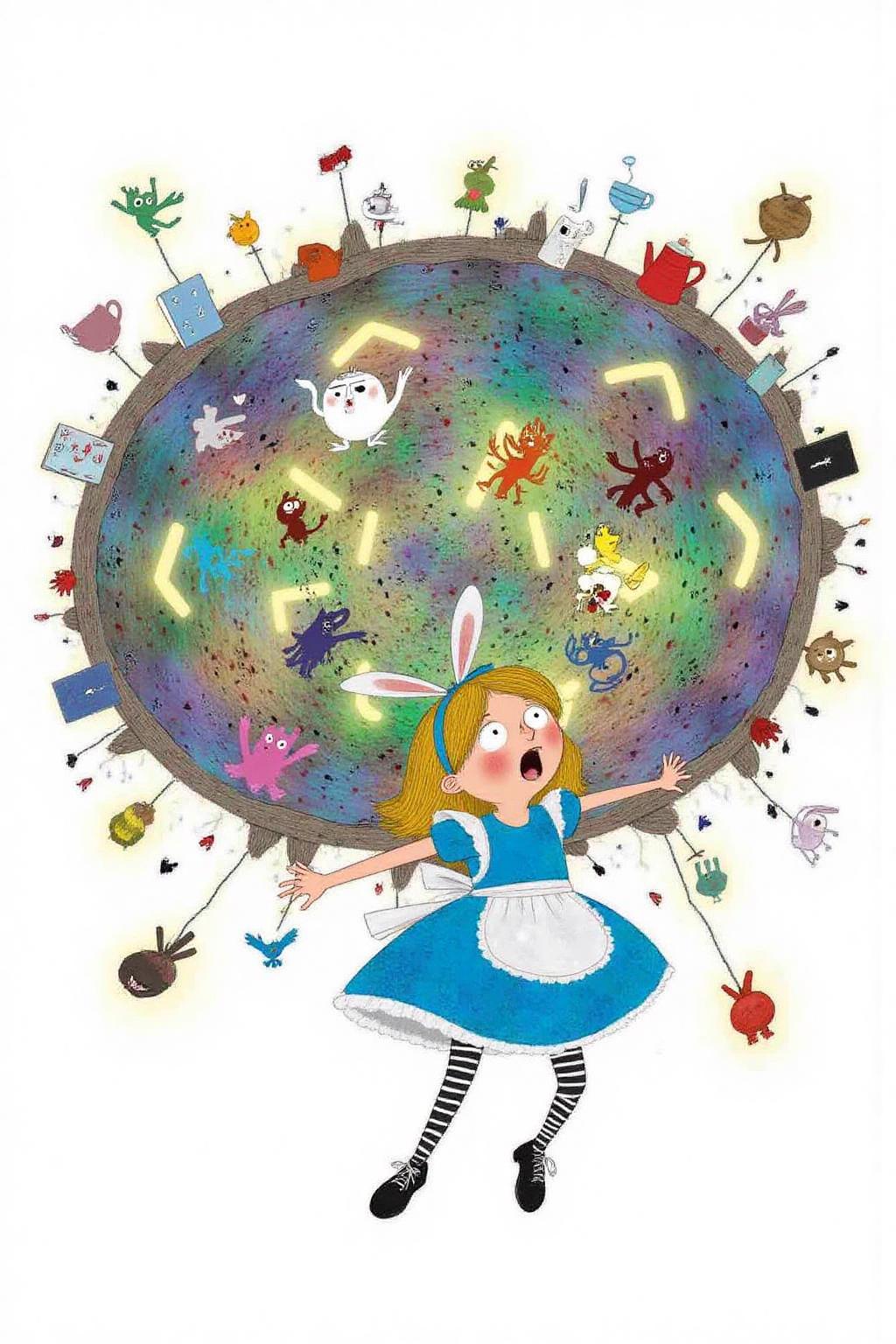 macha1 illustration. 
Overhead view of Alice in Wonderland falling into the rabbit hole, with her legs dangling beneath her. She is looking upward, her face filled with shock and terror as she screams. Her blue dress and white apron billow out around her as she tumbles, while her striped stockings and black shoes are visible below. The rabbit hole is a swirling, chaotic mix of vibrant colors, playing cards, teacups, and other Wonderland objects floating around her. Soft glowing light emanates from the tunnel walls, adding an eerie, fantastical feel to the scene. The sense of motion and fear is palpable as Alice falls deeper into the unknown. The background is stark white. <lora:macha1_cap_d6a3e12:1.0><lora:827720295067635566:0>