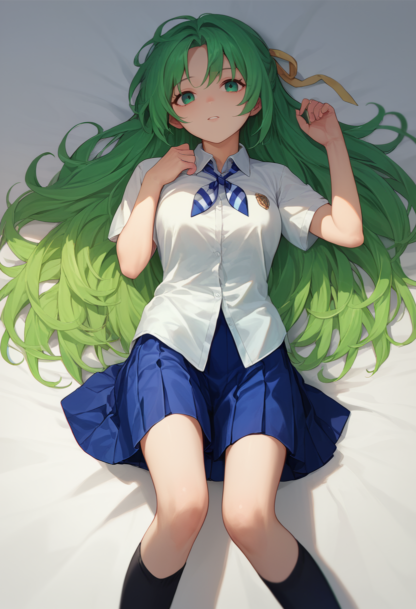 score_9, score_8_up, score_7_up, 1girl, solo,  ShiiSchool, green hair, long hair, green eyes, hair ribbon, white shirt, blue necktie, pleated skirt,  black knee highs, on back,   <lora:Shion lorer 4-000007:1>