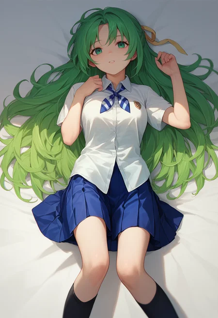score_9, score_8_up, score_7_up, 1girl, solo,  ShiiSchool, green hair, long hair, green eyes, hair ribbon, white shirt, blue necktie, pleated skirt,  black knee highs, on back,   <lora:Shion lorer 4-000007:1>