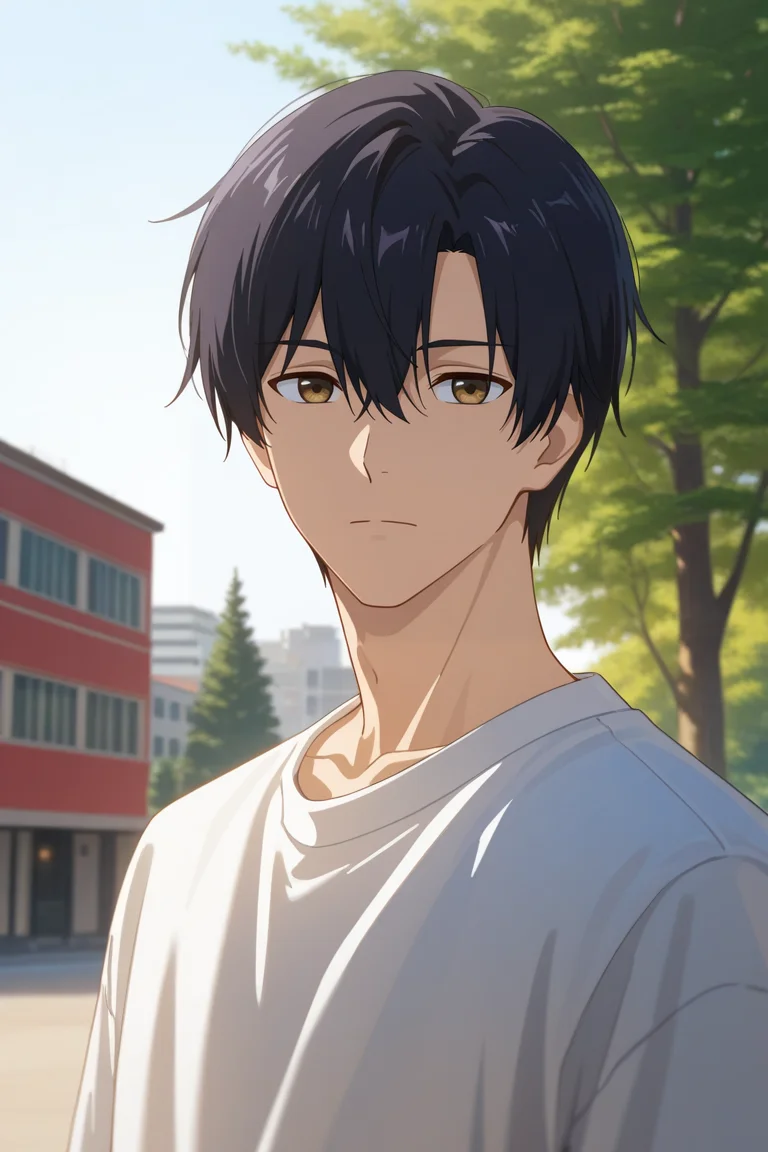 masterpiece, best quality, amazing quality, very aesthetic, high resolution, ultra-detailed, absurdres, newest, scenery, volumetric lighting, depth of field,anime screencap, , , 1boy, solo, male focus, <lora:yexiu:0.73>Ye Xiu, black hair,brown eyes, short hair,shirt, white shirt,hair between eyes, closed mouth, upper body, outdoors, tree, expressionless,day, building,looking at viewer