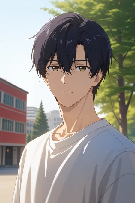 masterpiece, best quality, amazing quality, very aesthetic, high resolution, ultra-detailed, absurdres, newest, scenery, volumetric lighting, depth of field,anime screencap, , , 1boy, solo, male focus, <lora:yexiu:0.73>Ye Xiu, black hair,brown eyes, short hair,shirt, white shirt,hair between eyes, closed mouth, upper body, outdoors, tree, expressionless,day, building,looking at viewer