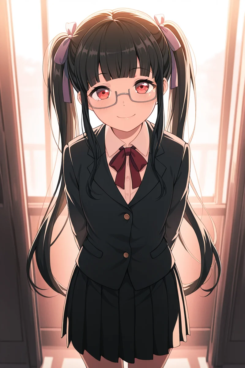 masterpiece, best quality, amazing quality,
<lora:PAREO_IL:1> pareo, 1girl, twintails, solo, black hair, skirt, glasses, long hair, red eyes, smile, school uniform, jacket, looking at viewer, ribbon, pleated skirt, shirt, hair ribbon, reona