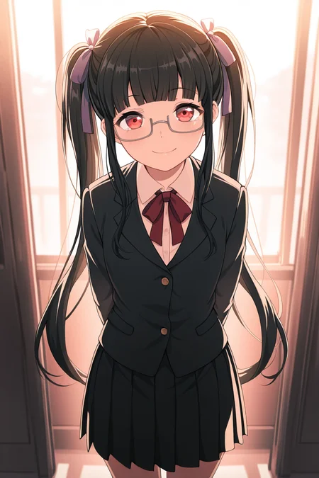 masterpiece, best quality, amazing quality,
<lora:PAREO_IL:1> pareo, 1girl, twintails, solo, black hair, skirt, glasses, long hair, red eyes, smile, school uniform, jacket, looking at viewer, ribbon, pleated skirt, shirt, hair ribbon, reona