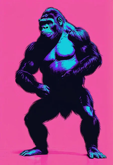 medium shot, full body, ballet pose, impactful color paint of, a gorilla wearing a tutu, highly detailed, vibrant colors , 8k, sharp, professional, clear, high contrast, high saturated, , vivid deep blacks, crystal clear