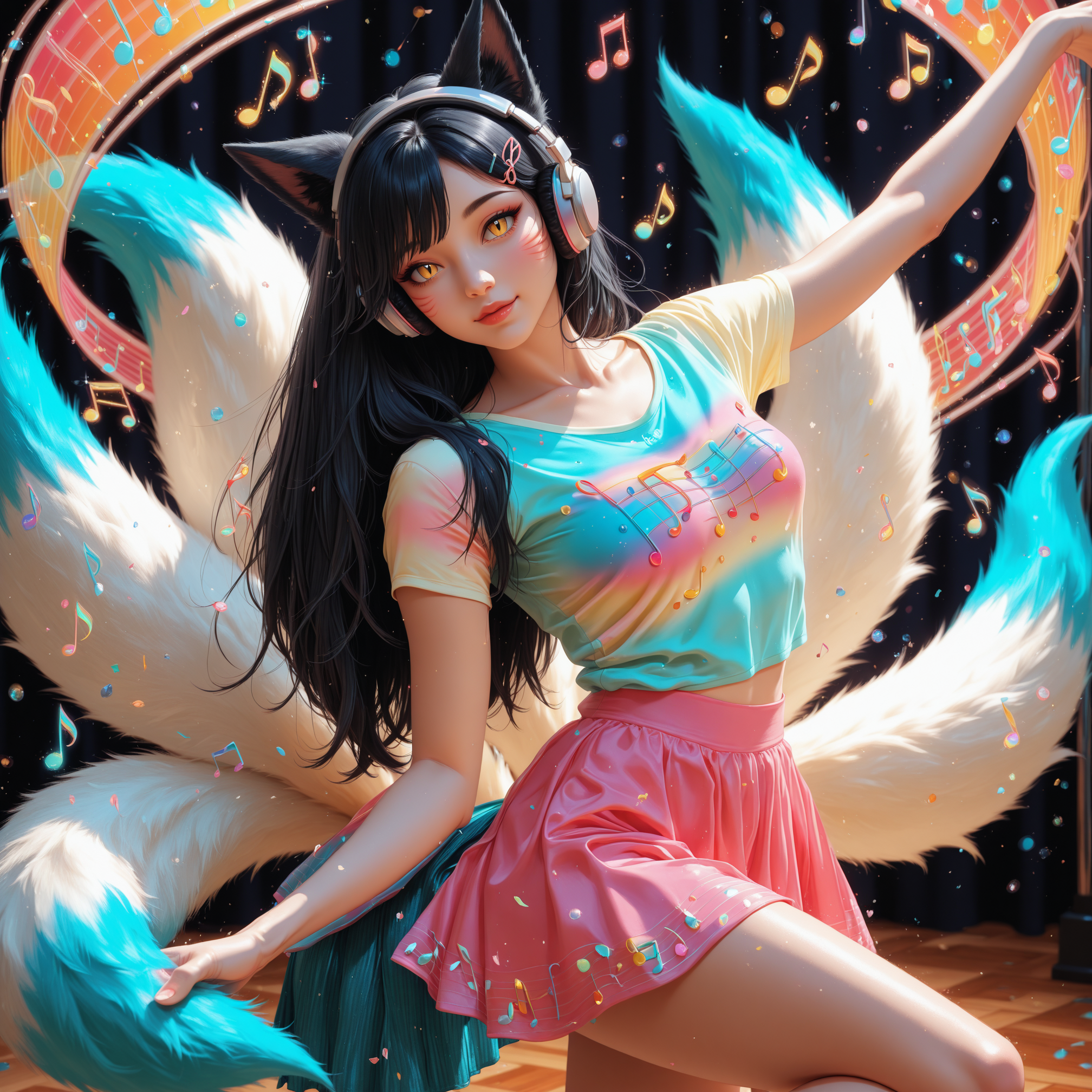Semi real,ahri,fullbody, close up, foxgirl,fox ears,9tails,(neon colored tails),8k,beautiful face,headphones over fox ears, perfect hands,cute, black hair,black foxears,c-cup.perky medium breasts,yellow eyes,slit pupils, facial markings,music hairpin,((wearing multi colored spring shirt with a unique music note printed)),short skirt, (Rendered in an eerie, otherworldly music style with vibrant colors),(music notes surrounding her:1.6),(dancing multicolored music notes:1.4),(dancing:1.4),dancefloor background
