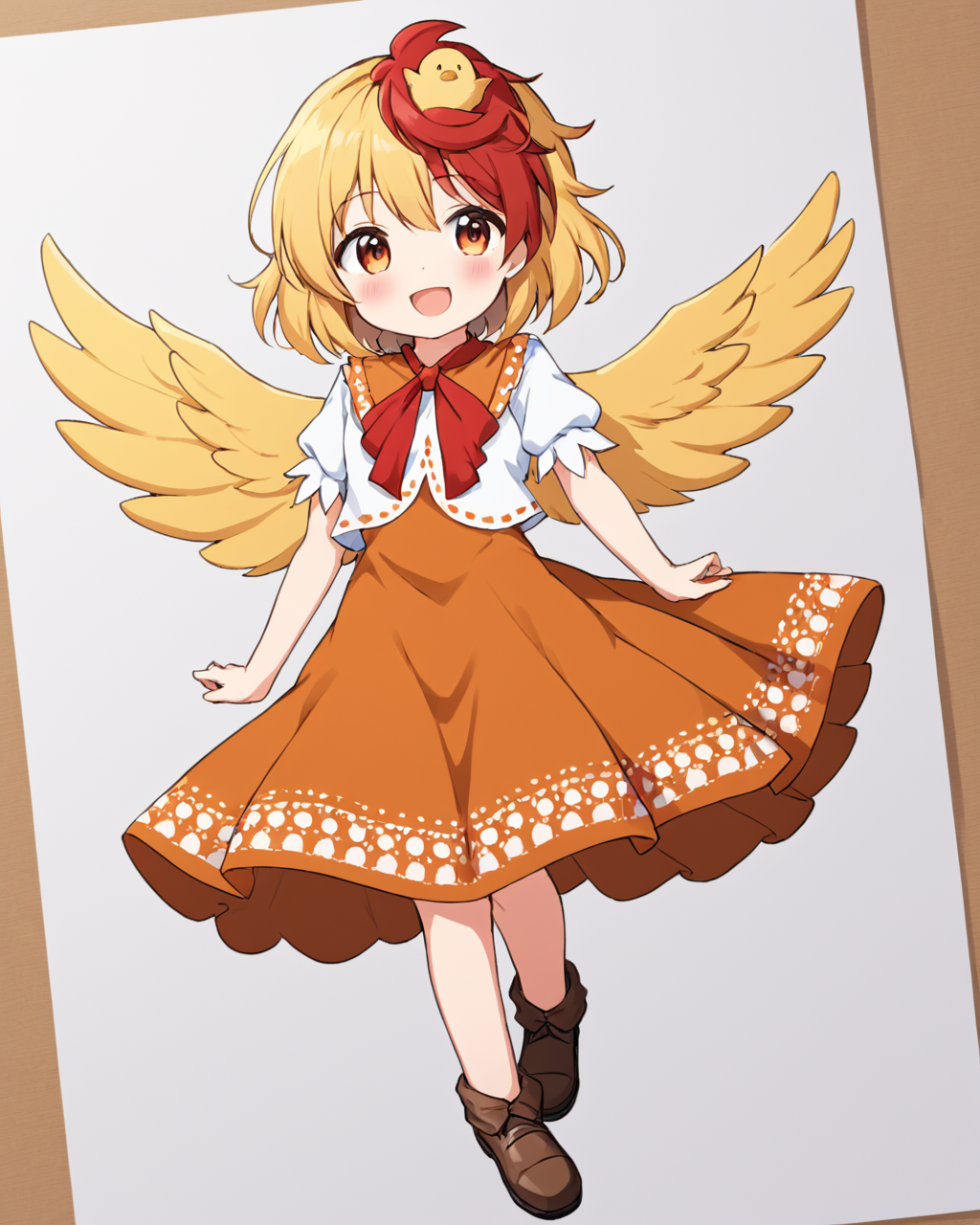 niwatari kutaka,1girl, orange_dress, chick, solo, bird_wings, open_mouth, bird_on_head, yellow_wings, short_sleeves, smile, feathered_wings, white_shirt, one-hour_drawing_challenge, tail_feathers, blush, brown_footwear, brown_dress, bird_tail
<lora:niwatari_kutaka_image1327_2023-12-20-000010:1>,star-shaped_pupils,symbol-shaped_pupils,. gorgeous,key visual, vibrant, studio anime,award-winning, professional, highly detailed,high budget, cinemascope
