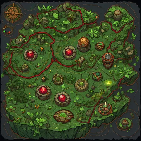 1 island, green to lime color, jungle, many leafs, lakes, swamp, (rocky stone ruins:0.8), overgrown wide, plain darkgray to gray background, mecha rusty parts, (((thick outlines:2.2))), (magic gemstone glowing red:1.2)