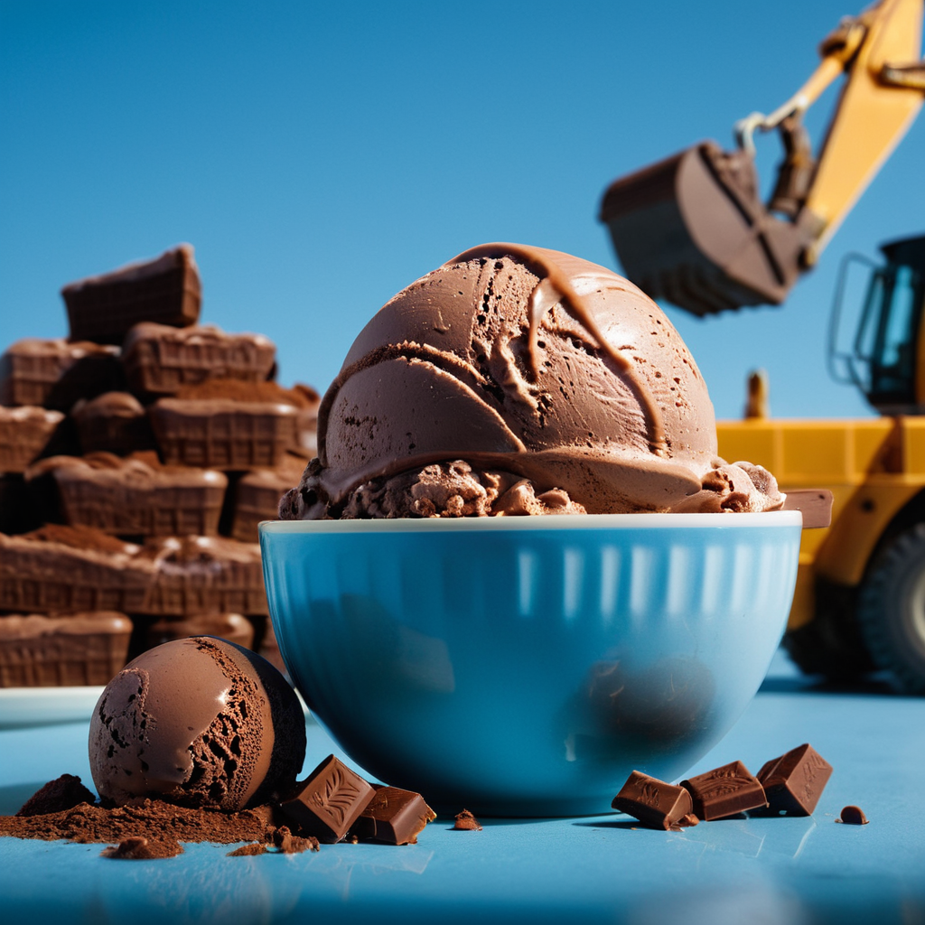 cinematic film still of  <lora:Juxtaposition style:1>
Juxtaposition of a construction vehicle is digging in a cup of chocolate ice cream,simple background,food,no humans,blue background,plate,realistic,food focus,still life Juxtaposition, artistic, photography, dramatic light, dramatic shadow light, contrast, saturated color, cinematic, filmic, photographic, realistic, realism, perfection, perfect, Juxtaposed, opposite, different things, side by side, syncretism, antithesis, Juxtaposition style, shallow depth of field, vignette, highly detailed, high budget, bokeh, cinemascope, moody, epic, gorgeous, film grain, grainy