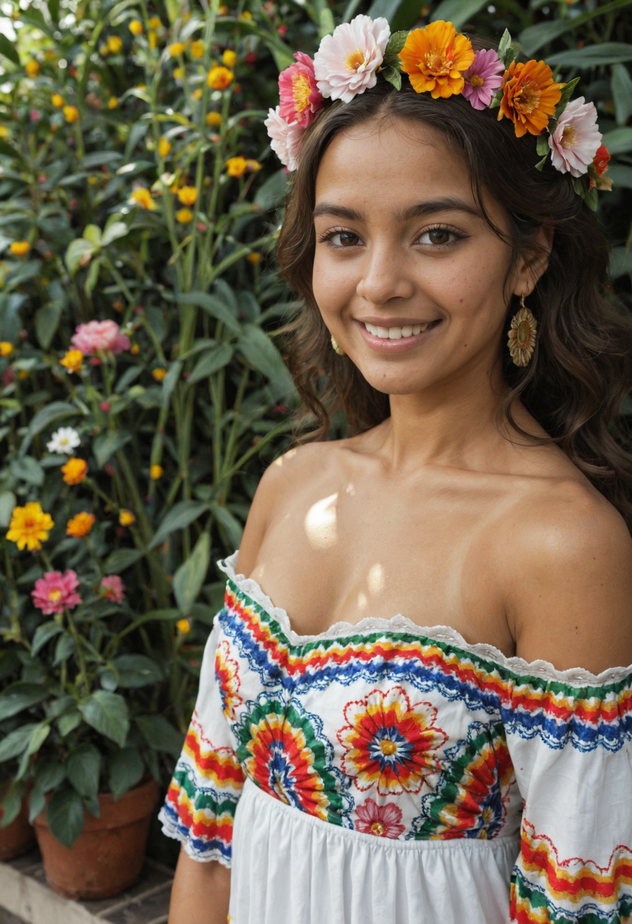 score_9, score_8_up, masterpiece, best quality, absurdres, amazing quality, ultra realistic, soft lighting, olive skin, (mexican woman), beautiful face, long wavy dark brown hair, flower crown, traditional mexican dress, colorful embroidery, off-shoulder blouse, folkloric style, ethnic jewelry, soft smile, detailed skin texture, shallow depth of field, vibrant outdoor market background, afternoon sunlight, extremely detailed skin, natural skin texture,