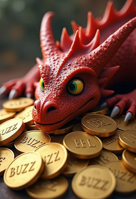 score_9, score_8_up, score_7_up, photo bokeh, blurred background
A ancient and giant red dragon is resting on top of a mountainous pile of gleaming gold. Each gold coin is labeled “BUZZ”. The dragon has one eye open watching the viewer intently. There is a caption at the bottom of the picture that says “Have you brought me more BUZZ?”