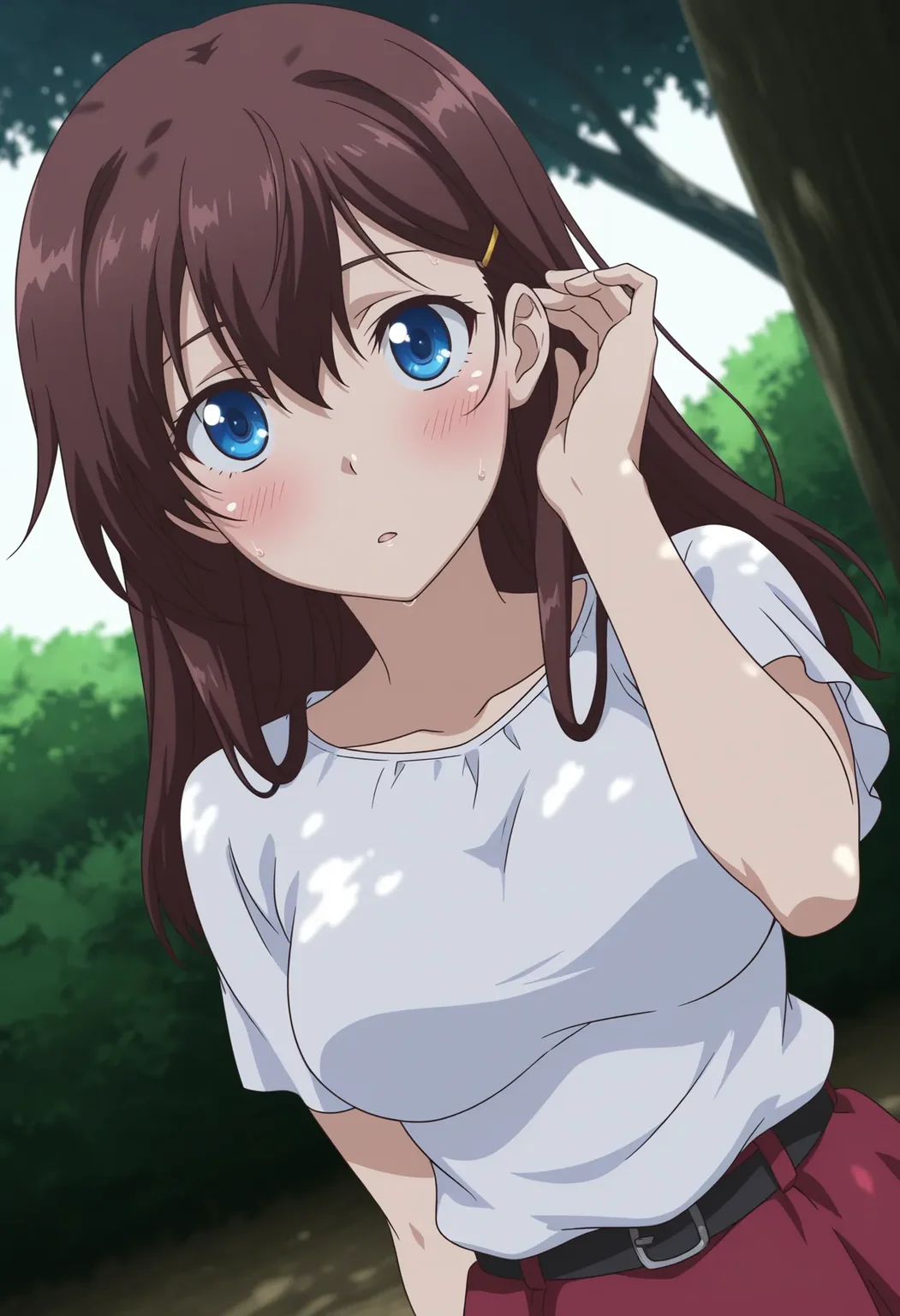 ousnatsuko, anime coloring, 1girl, solo, day, outdoors, tree, tree shade, dappled sunlight, shadow, bush, sunlight, dark,
standing, medium breasts, portrait, dutch angle,
brown hair, long hair, bangs, hairclip, hair ornament, hair between eyes, upturned eyes,
eye reflection, blue eyes, looking at viewer, :o, blush, sweat, hair behind ear, hand up, tucking hair,
white blouse, short sleeves, black belt, red skirt,
best quality,amazing quality,very aesthetic,absurdres
<lora:OusNatsuko:1>