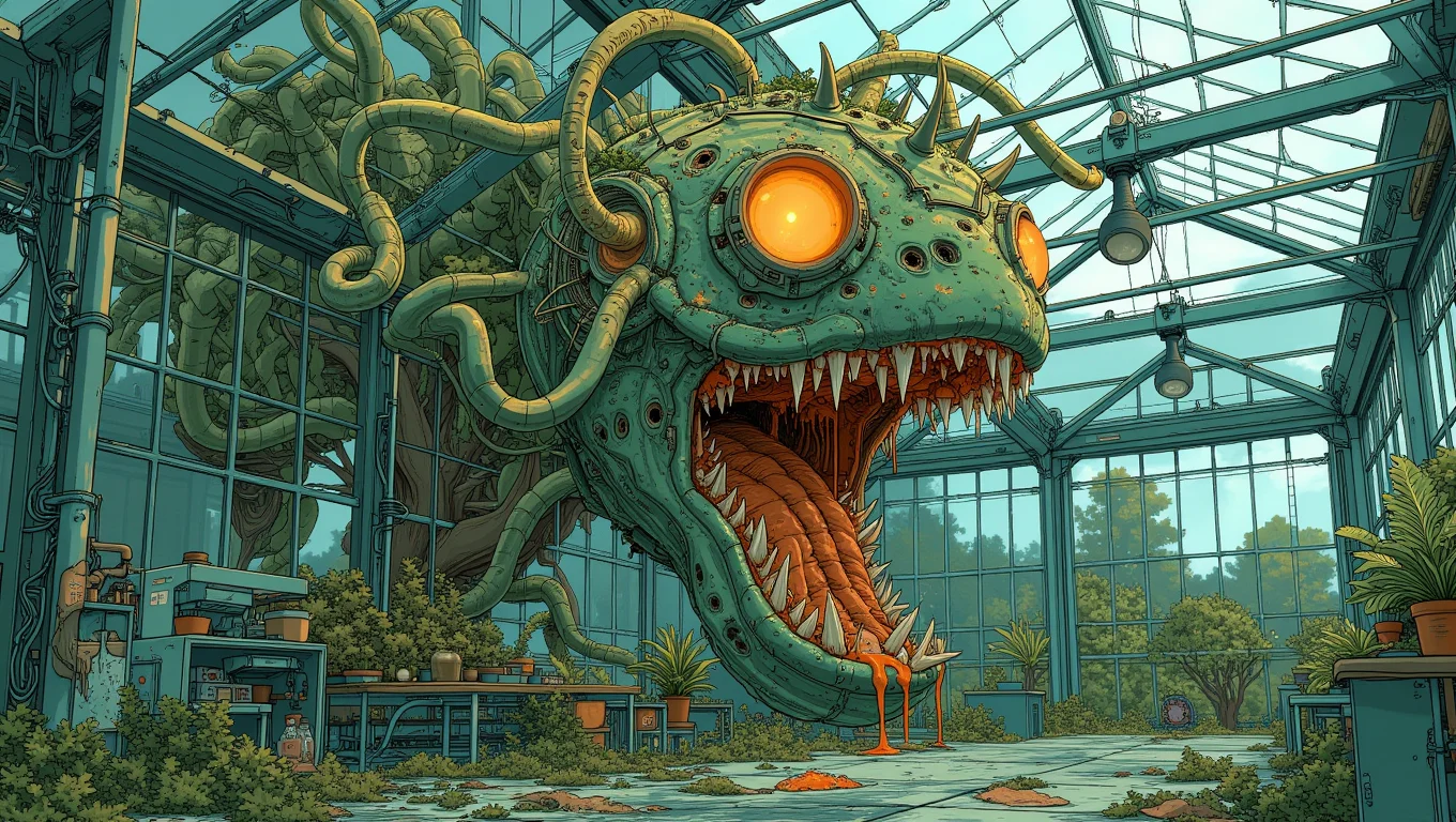 A monstrous, oversized plant with sharp, tooth-like thorns and vines that writhe like snakes, sits in a corner of a greenhouse. The plantâs flowers have mouths lined with razor-sharp teeth, and they snap at the air, hungry for flesh. The greenhouse is overgrown, with broken glass and decaying vegetation, and the air is thick with the stench of rot
<lora:Blue_Future:1>