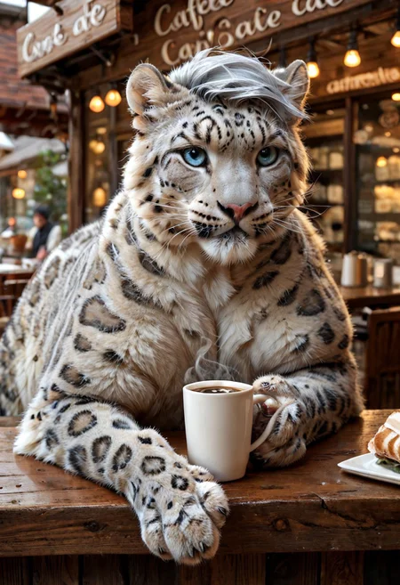 ((solo)), (feral snow leopard male with a (((tuft of short gray hair:1.2))), blue eyes, enjoying a cup of coffee at a cafe), fluffy paws, snow leopard tail, pink nose, digitigrade, detailed paws, realistic paws, thick, fluffy, athletic, muscular, pawpads, cafe, coffee shop, espresso, winter, cozy, warm lighting, score_9_up, score_8_up, score_7_up, score_6_up, score_5_up, score_4_up, hair on feral, (cozy cafe background), detailed background, ral-fluff