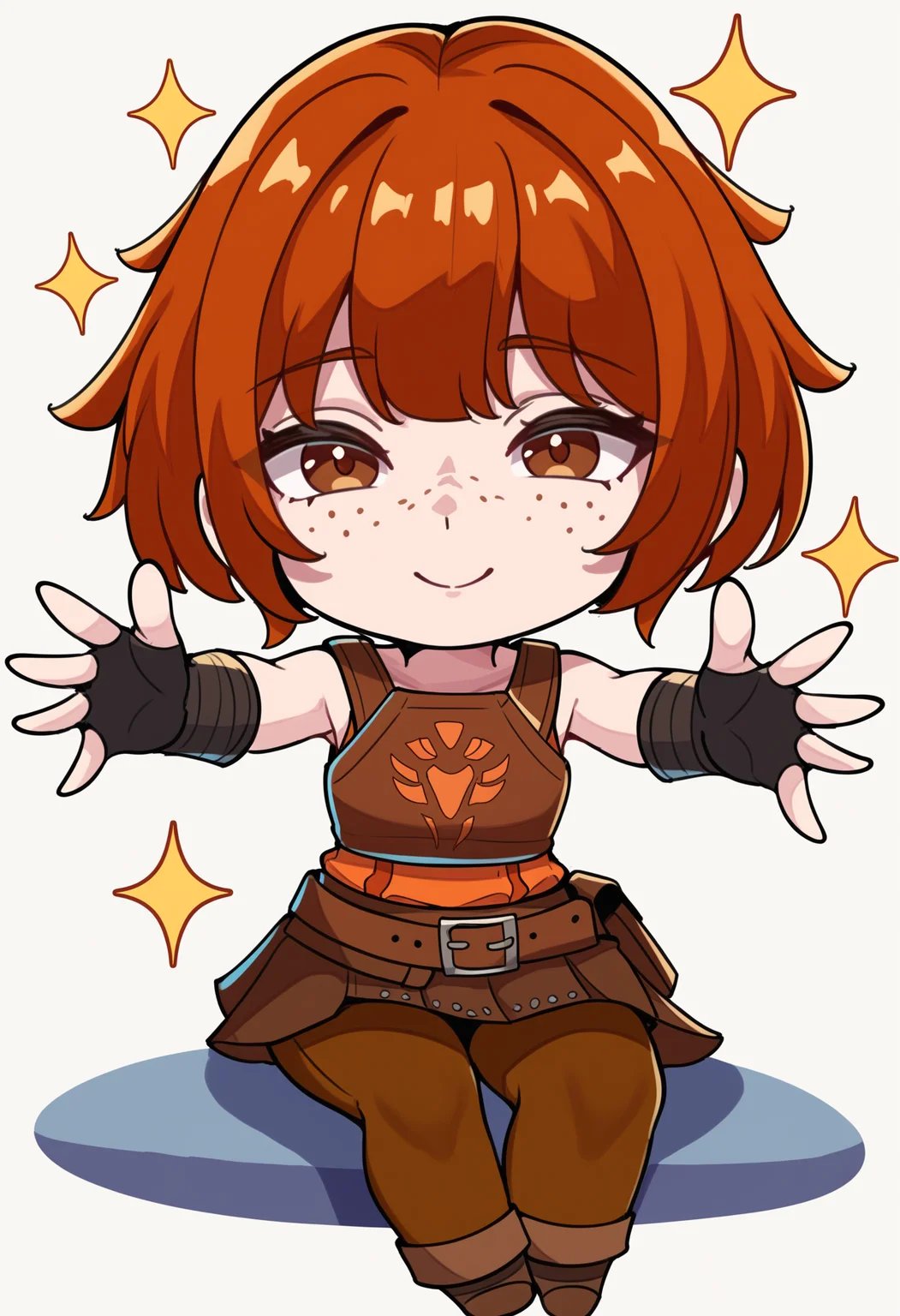 masterpiece, best quality, 1girl, solo, (chibi, large eyes), <lora:NSDorothyFE6NoobAi:1> NSDorothyFE6, freckles, brown hair, short hair, brown eyes, black fingerless gloves, armor, orange shirt, sleeveless, belt, pants under skirt, brown skirt, pants, looking at viewer, smile, sparkles, spread arms, meme, thick lines, simple background, white background, sitting