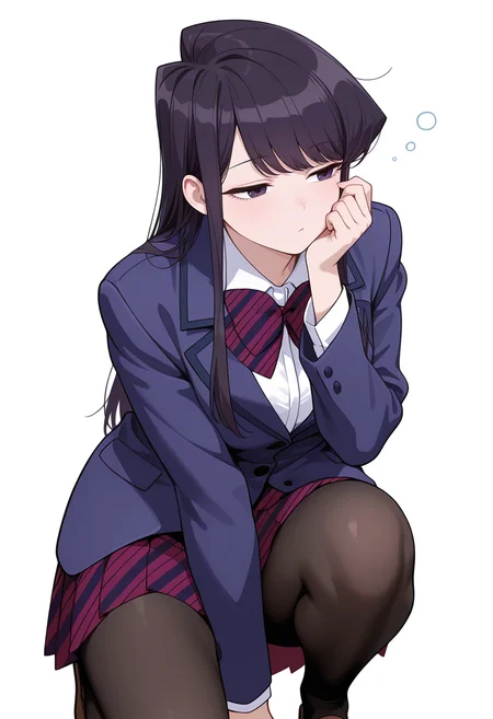 Smooth Quality,masterpiece,very intricate, high quality details, ultra realistic, high detailed skin,detailed enviorement,
simple background, white background, sleepy,
on one knee, 
 <lora:Agari_Himiko_cnn:0.8> komi shouko, 1girl,black hair, long hair, bangs, purple eyes, 
school uniform, white shirt,striped bowtie,striped skirt, pleated skirt, jacket,black pantyhose,