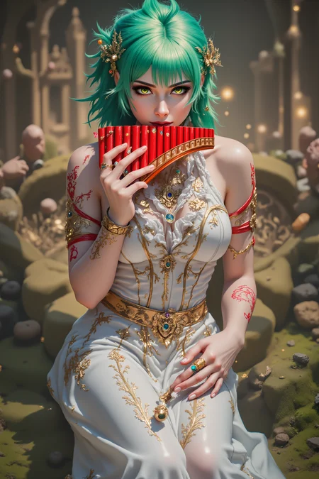 a woman with green hair,spiky hair,mohawk, white dress,long dress,bride dress, gown,solo, in front a church,outdoors,sad, ,playing red panflute , detailed background Fantastic lighting. Detailed shadows.intricate details, vivid colors, hyper-detailed, ultra-sharp, <lora:PANFLUTE_FLUX>, <lora:aidmaImageUpgrader-FLUX-V0.2:0.5><lora:PinkieFluxProUltraFantasia><lora:FluxDFaeTasticDetails:0.7>