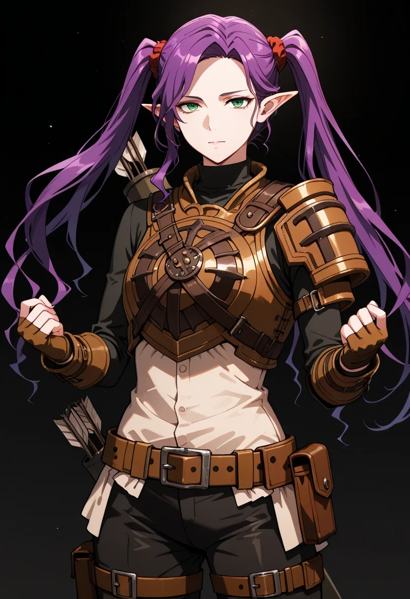 masterpiece, best quality, highly detailed, ultra-realistic, score_9, score_8_up, score_7_up, score_6_up,
1woman, solo, sporty female, mature girl, big woman, warrior women, Imina, slim, elf, twintails, long face, nice skin, long hair, purple hair, green eyes, looking at viewer,
aesthetic, pauldron, light armor, brown leather armor, fingerless gloves, circle breastplate, quiver, black turtleneck, red scrunchies, belt, pouch, black pants, hip belts, classy, elegant, stylish,
tall woman, nice hips, detailed eyes, detailed face, empty hands, (hands up, action pose),
fit, toned, stands proudly, outdoors, (black background:1.2), <lora:Imina_Overlord:1.4>