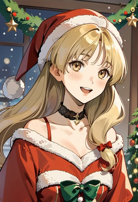 score_9, score_8_up, score_7_up, source_anime, ayesha altugle, long hair, golden eyes, light brown hair, 1girl, santa hat, hat, solo, side ponytail, blush, choker, open mouth, christmas, santa costume, collarbone, smile